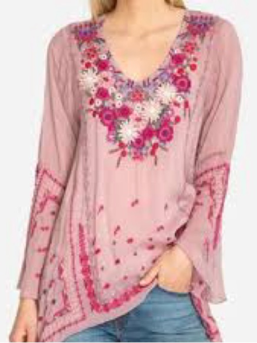 Johnny Was Wish Stitch Tunic Top Mauve Pink Embroidered Bohemian Size Small